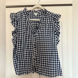 J. Crew Navy and White Gingham Ruffle Blouse